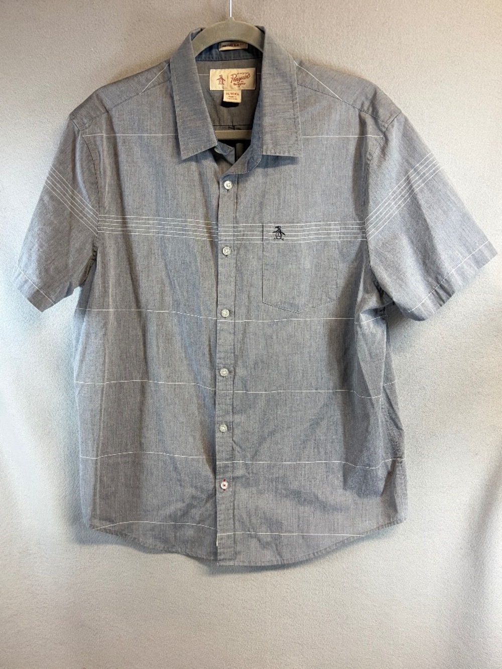 Original Penguin Heritage Slim Fit Gray Striped Short Sleeve Button Down sz XL